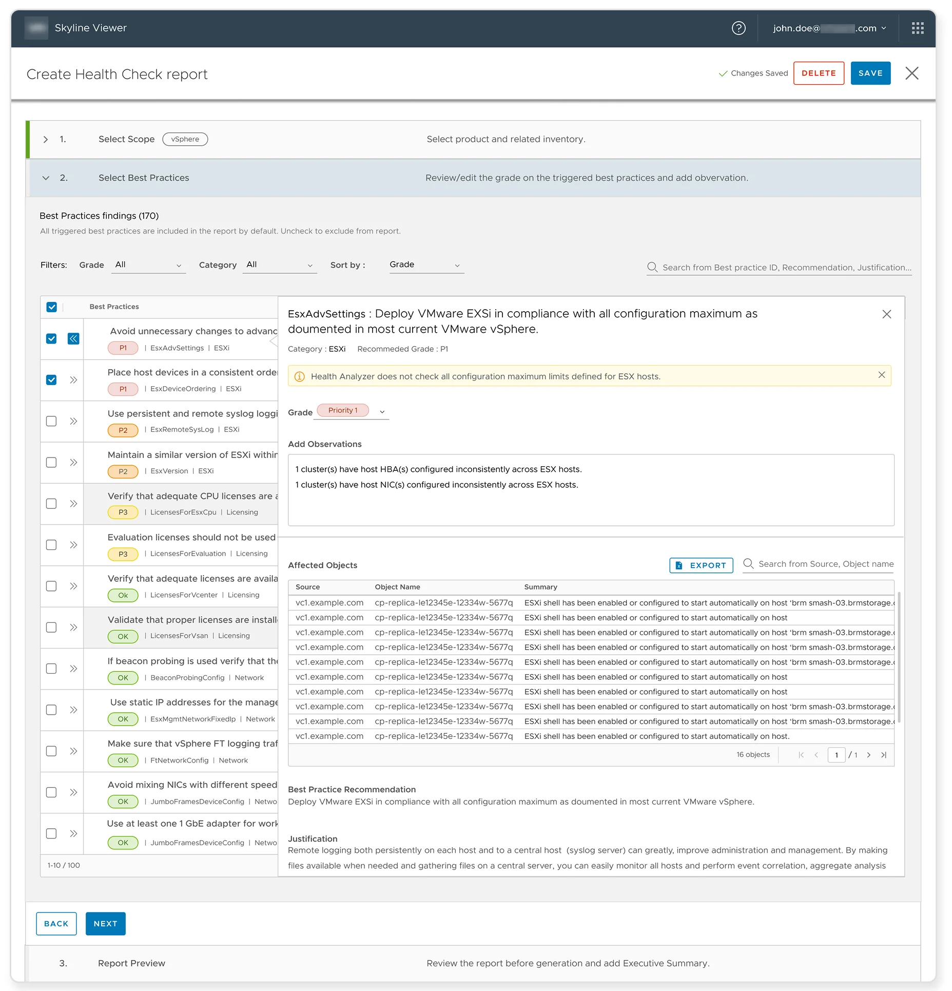 Skyline report builder showing triggered findings, grades, observations and affected objects.