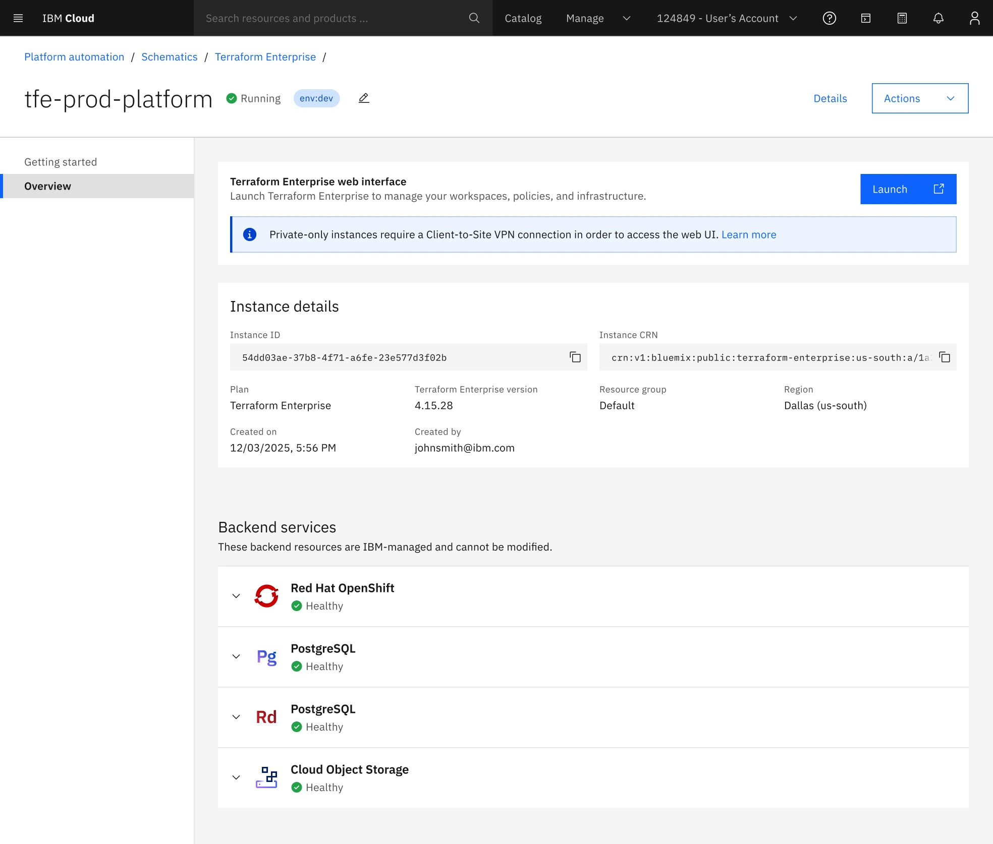 Complete Phase 1 instance overview in IBM Cloud