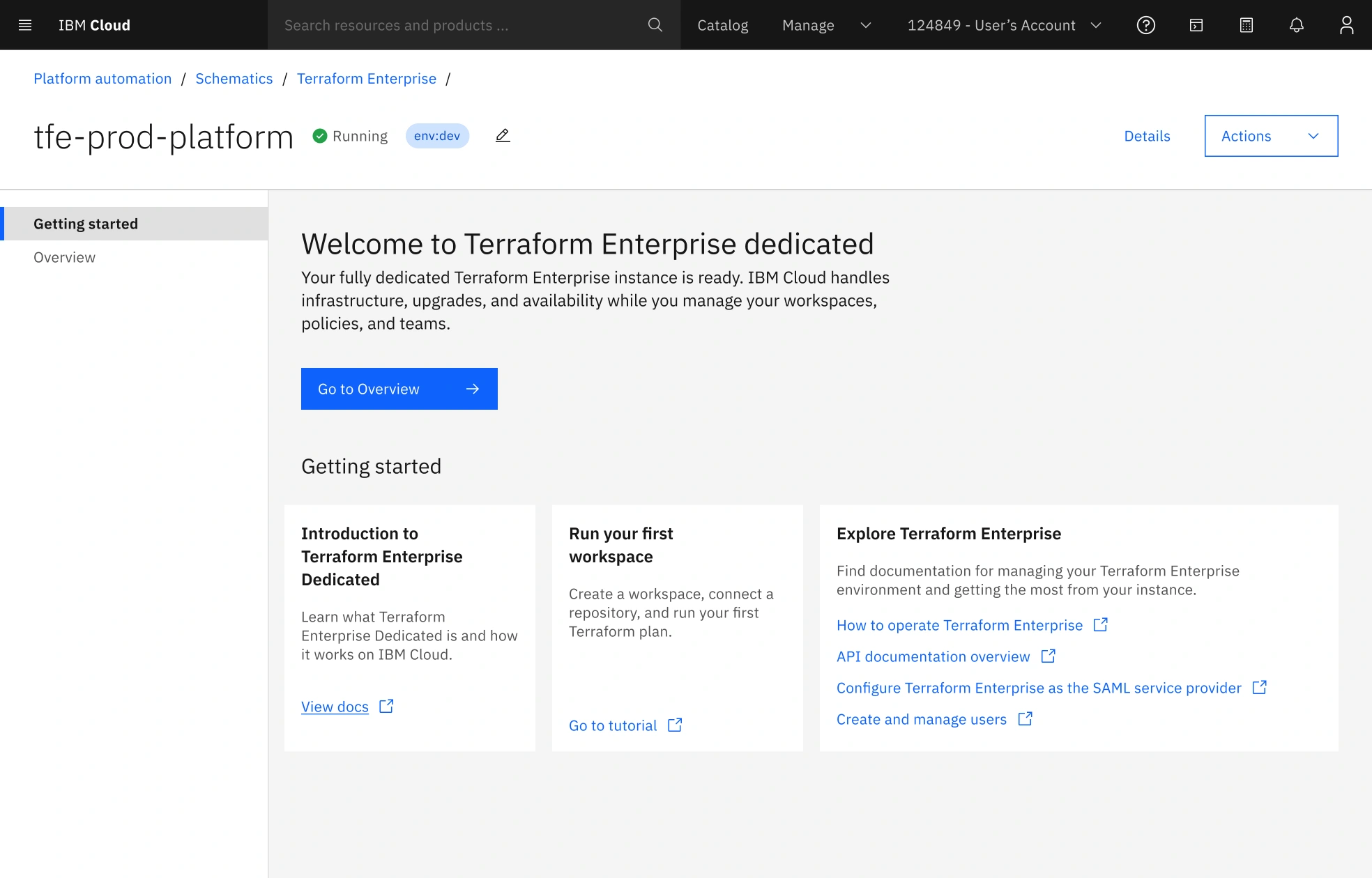 The getting-started screen explains the managed service and guides customers to workspaces, policies and teams.